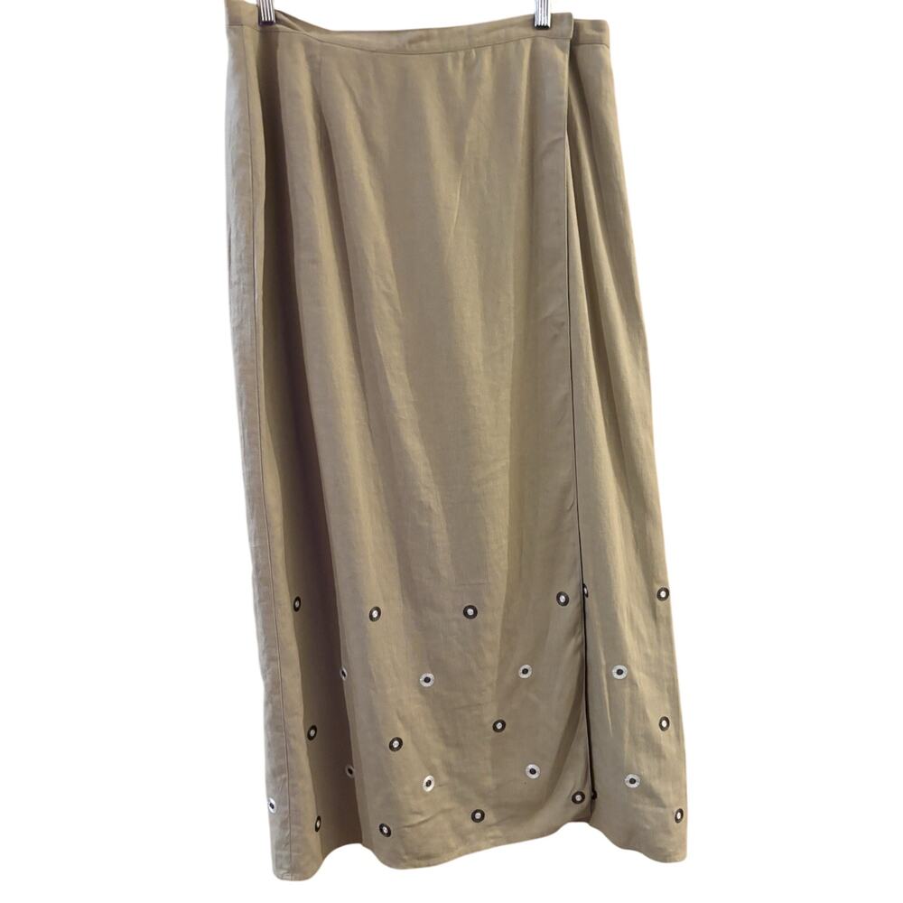 Richard Malcolm Maxi Wrap Skirt Sz 14 Linen Cotton Khaki Embroidered bohemian